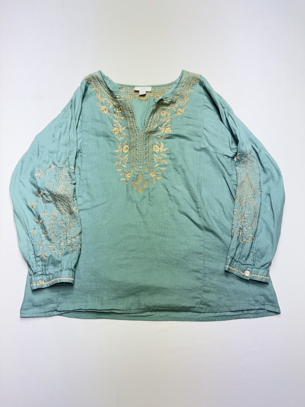 J Jill Womens XS Tunic Blouse Teal Gold Embroidered Boho Peasant Long Sleeve